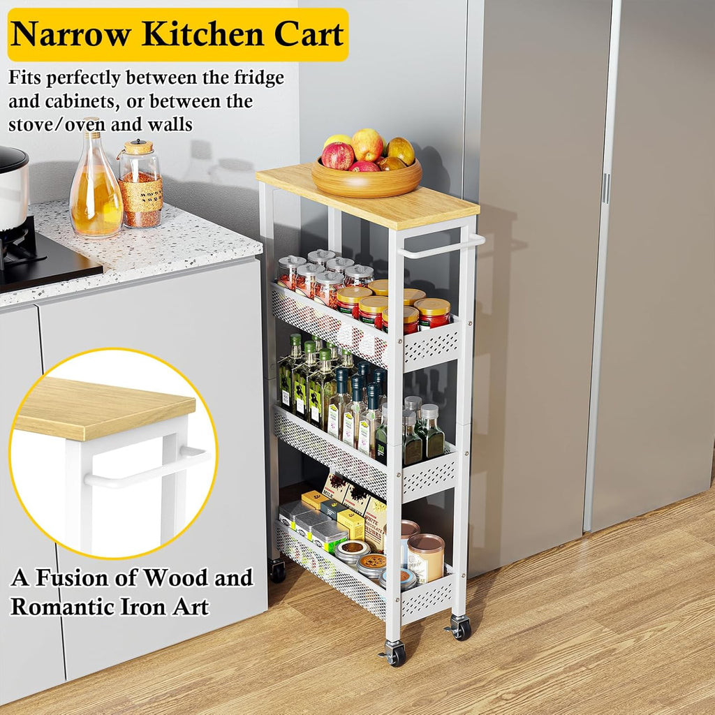 OKZEST Slim Rolling Storage Cart - 4 Tier Mobile Organizer with Wood Top for Kitchen & Laundry | Narrow Design