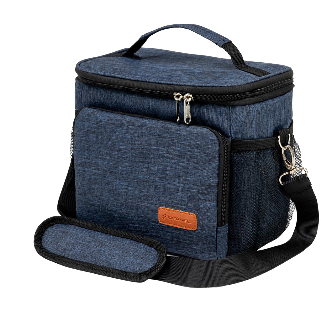 (Not Made in China) Insulated Lunch Bag, Men's Lunch Box, Leakproof, Collapsible, Soft Sided Cooler W/Adjustable Shoulder Strap (Navy Blue)