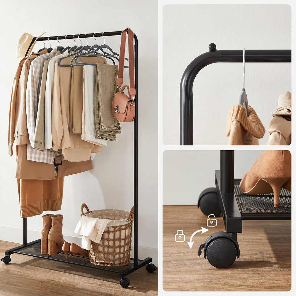 SONGMICS Clothes Rack - Mobile Garment Rack with Mesh Shelf & 110 lb Capacity - Black UHSR25BK