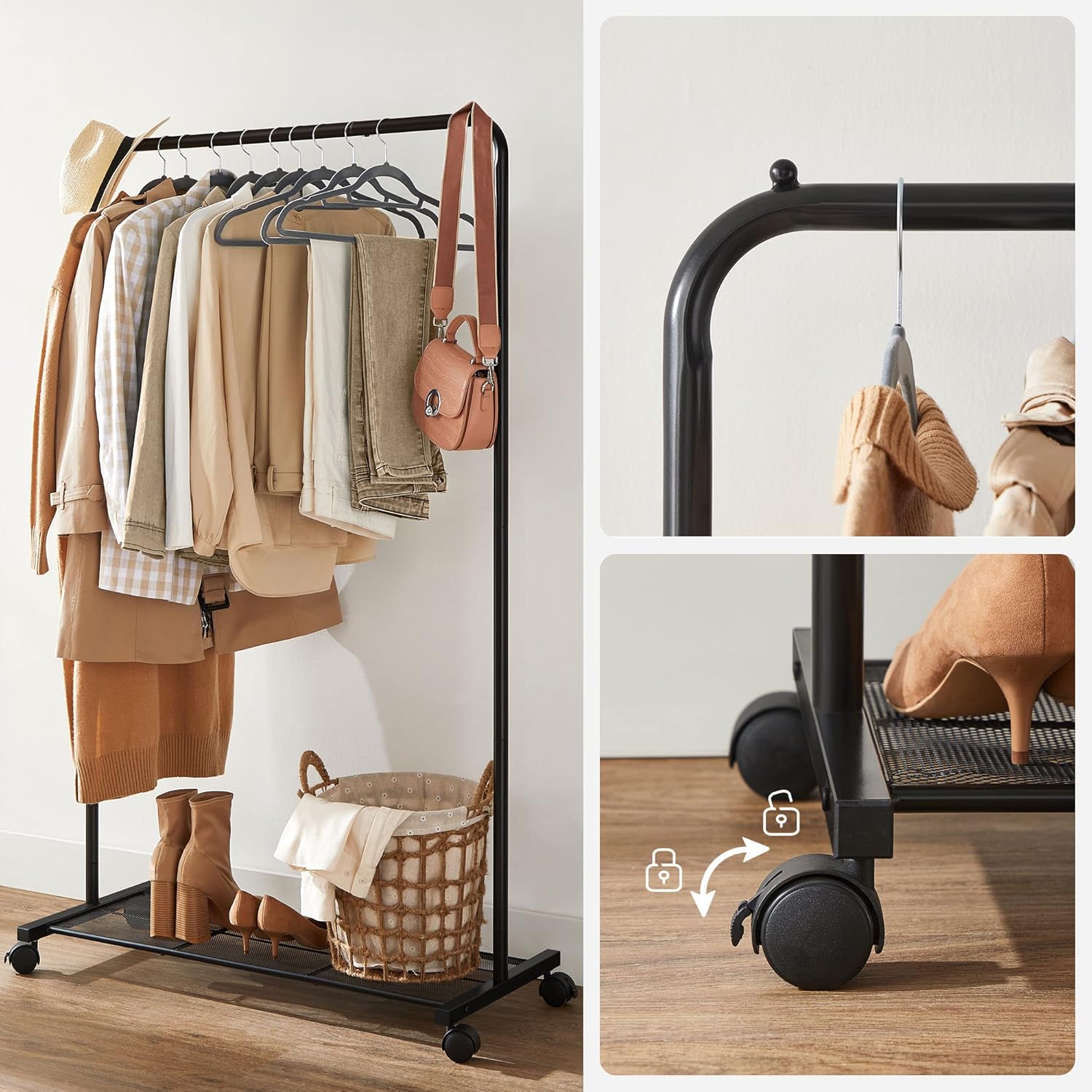 SONGMICS Clothes Rack - Mobile Garment Rack with Mesh Shelf & 110 lb Capacity - Black UHSR25BK