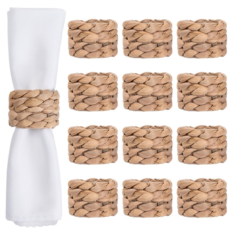 WOHIWO Napkin Rings Set of 12, Farmhouse Table Decor Handmade by Natural Water Hyacinth, Fall Rustic for Thanksgiving, Christmas, Wedding Table Dinnerware Decoration Set