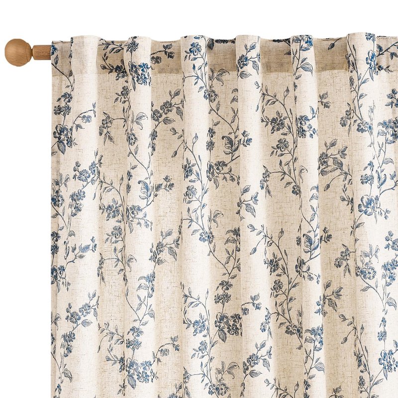 jinchan Linen Floral Curtains for Living Room 84 Inch Length Blue Printed Curtains Back Tab French Country Farmhouse Flower Patterned Drapes Bedroom Window Curtain Set 2 Panels