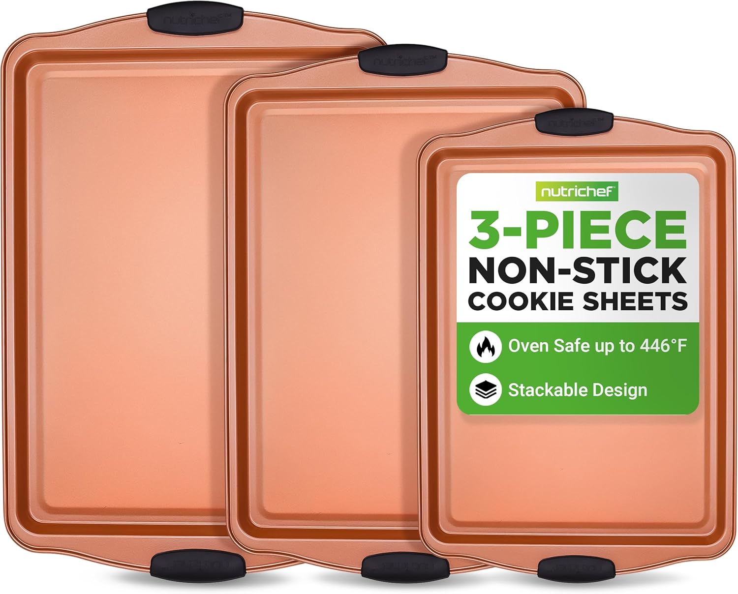 NutriChef Nonstick Cookie Sheets Set - 3 Piece PFOA-Free Carbon Steel Bakeware with Silicone Handles