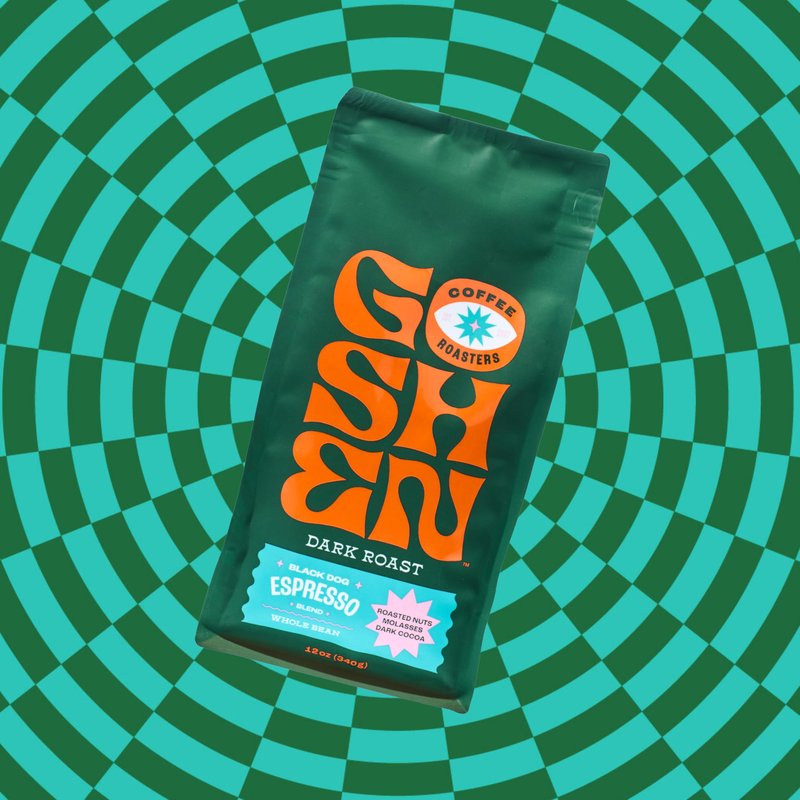 Goshen Coffee Roasters Whole Bean Black Dog Espresso Blend | Dark Roast, Espresso or Brewed | Award-Winning, Natural and Washed | Roasted Nuts, Molasses, Dark Cocoa Flavors | 12 Oz Bag