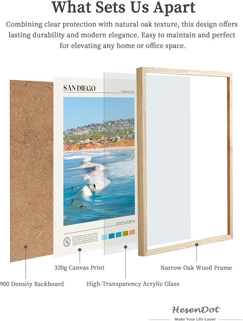 HesenDot Natural Oak Wood Surfing Wall Art - 12x16in Seascape Canvas Print for Living Room & Office Decor