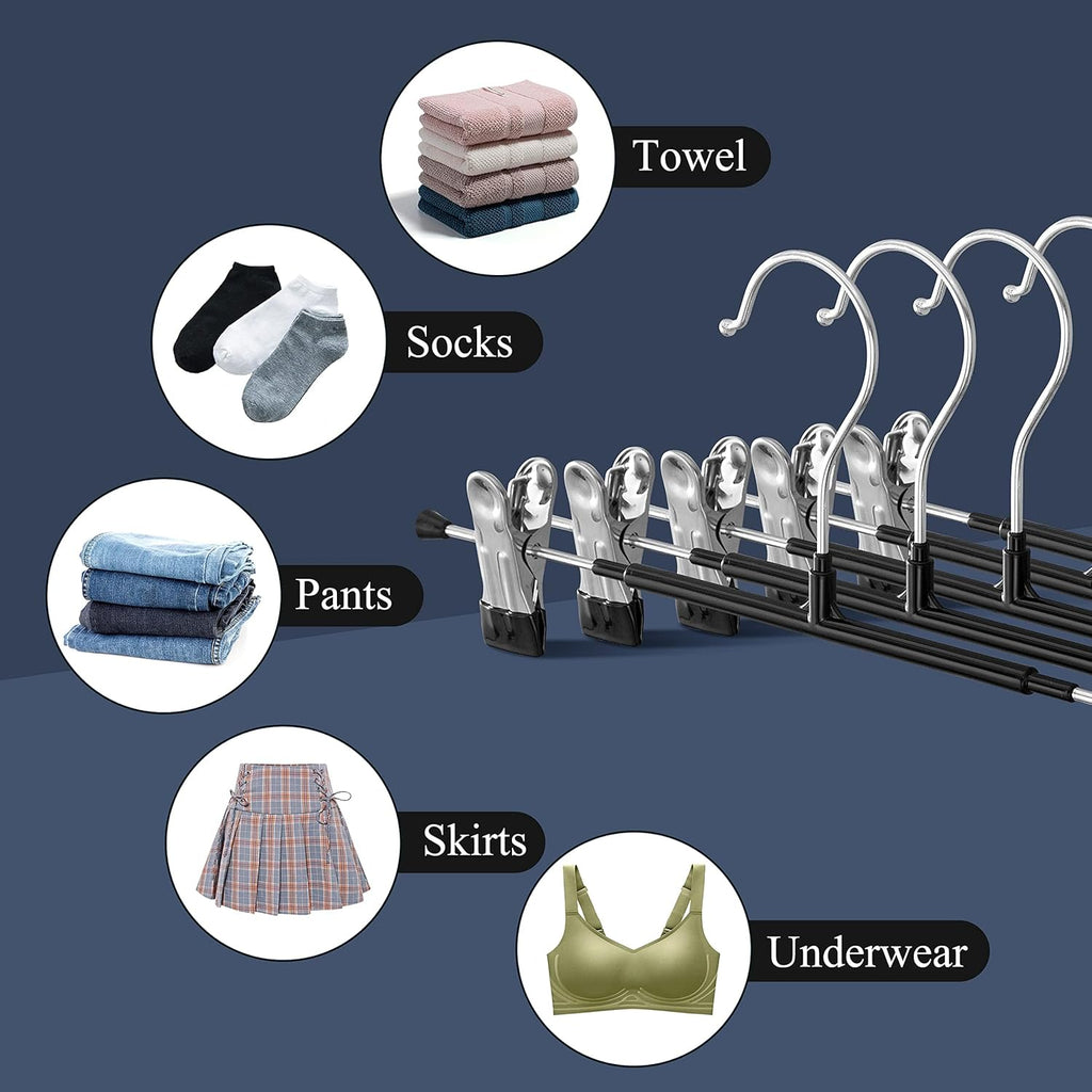 Skiennix 30-Pack Adjustable Pants Hangers - Heavy Duty Non-Slip Clips for Trousers & Skirts | Black