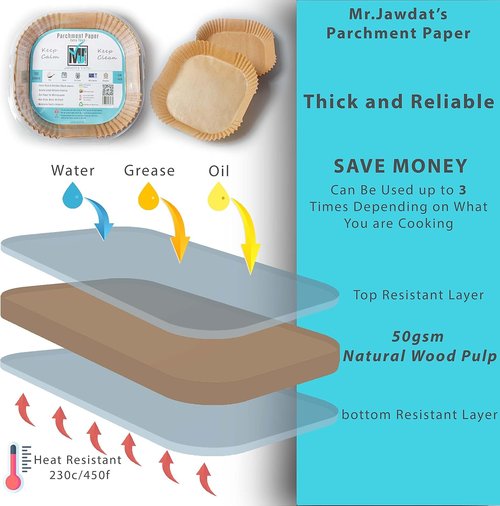 Mr. Jawdat's Extra Strong Air Fryer Disposable Paper Liners - Non-Stick, 100 Pcs, 6.3" Square Size
