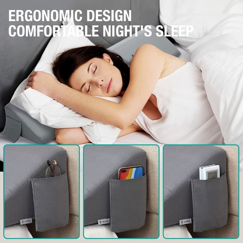 Vekkia Queen Bed Wedge Pillow/Headboard Pillow for Headboard Gap,Bed Gap Filler to Close Gap (0-3.5"),with Handy Pockets and Washable Cover- Grey