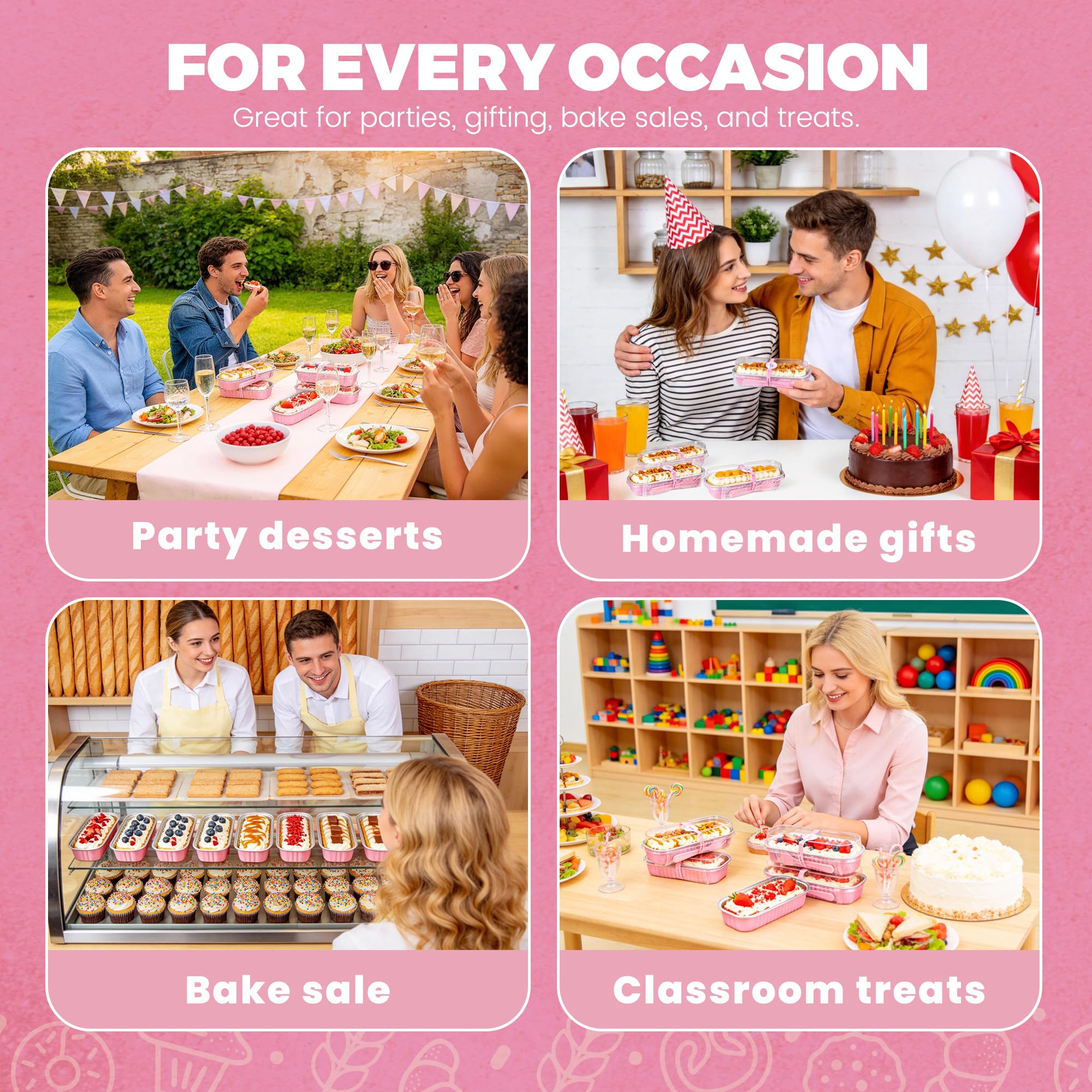 NPLUX 50 PACK Mini Cake Pans with Lids and Spoons,Rectangular Aluminum Foil Bread Pan,Mini Loaf Pans and Food Containers with Lids(Pink,6.8oz)
