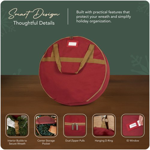 Covermates Keepsakes Wreath Storage Bag – Heavy-Duty Polyester with Buckle Straps & Interior Pouch – Protective Holiday Wreath Organizer with Handles, D-Ring & Label Window, Red