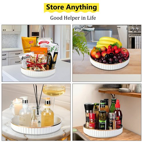 2 Pack 10" Fluted Lazy Susan Organizer, Turntable Spice Rack for Cabinet, Kitchen, Pantry Organizer and Storage, Fridge, Bathroom Vanity Countertop, Under Sink Organizing, Expandable Lazy Susan-White