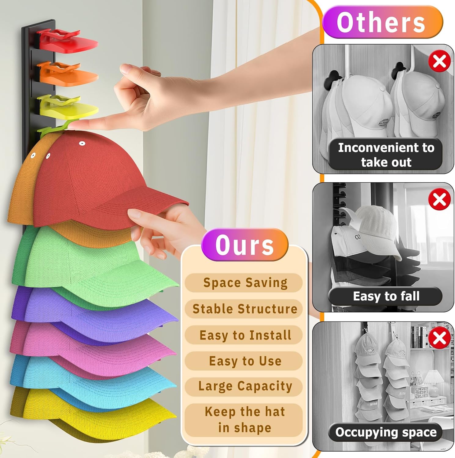 Volnamal Hat Organizer - Space-Saving Wall Rack for 40 Baseball Caps | 2 Pack (Black & Color)