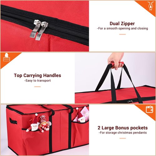 Mrrihand Christmas Ornament Storage Box - Organize 128 Holiday Ornaments | Adjustable Dividers, Dual Zipper, 600D Material (Red)