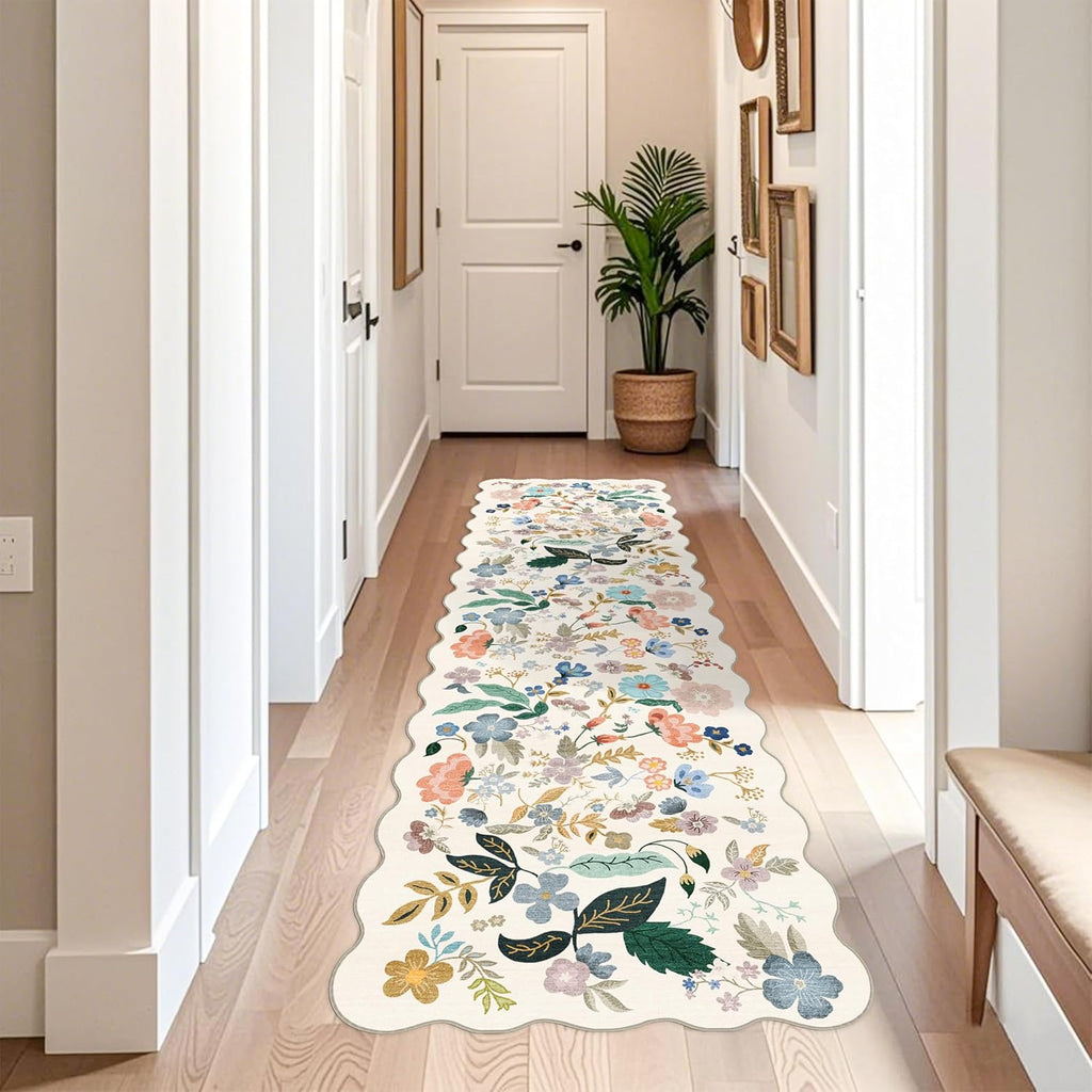 Skiennix 3x10 Washable Hallway Runner Rug - Soft Floral Scalloped Design | Non-Slip, Water Resistant, Cream