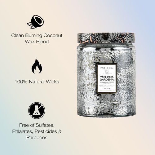 Voluspa Yashioka Gardenia Candle | Large Glass Jar | 18 Oz | 100 Hour Burn Time |Coconut Wax for Clean Burning