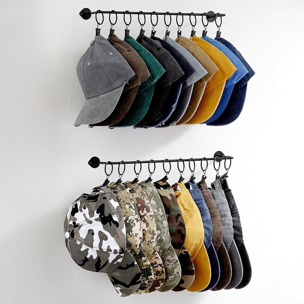 Viklluyr Hat Rack - Modern Wall-Mounted Metal Organizer with 20 Hooks | Set of 2 for Caps Storage