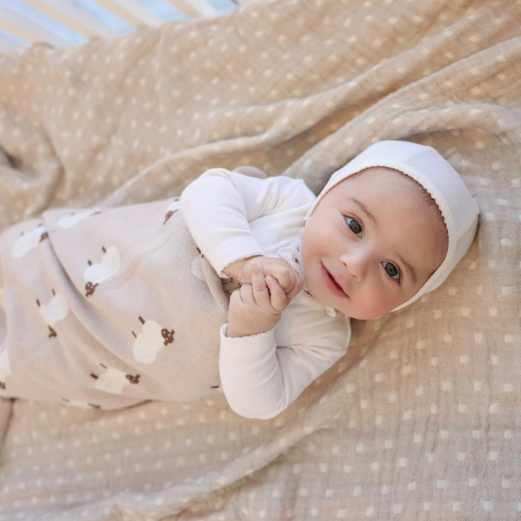 Bleu La La Baby Swaddle Blanket - 100% Luxury Cotton Knit Soft Cozy Lightweight Unisex Receiving Stroller Quilt Blanket for Shower Gift Registry for Newborns Infants Toddlers (Sheep - Khaki)