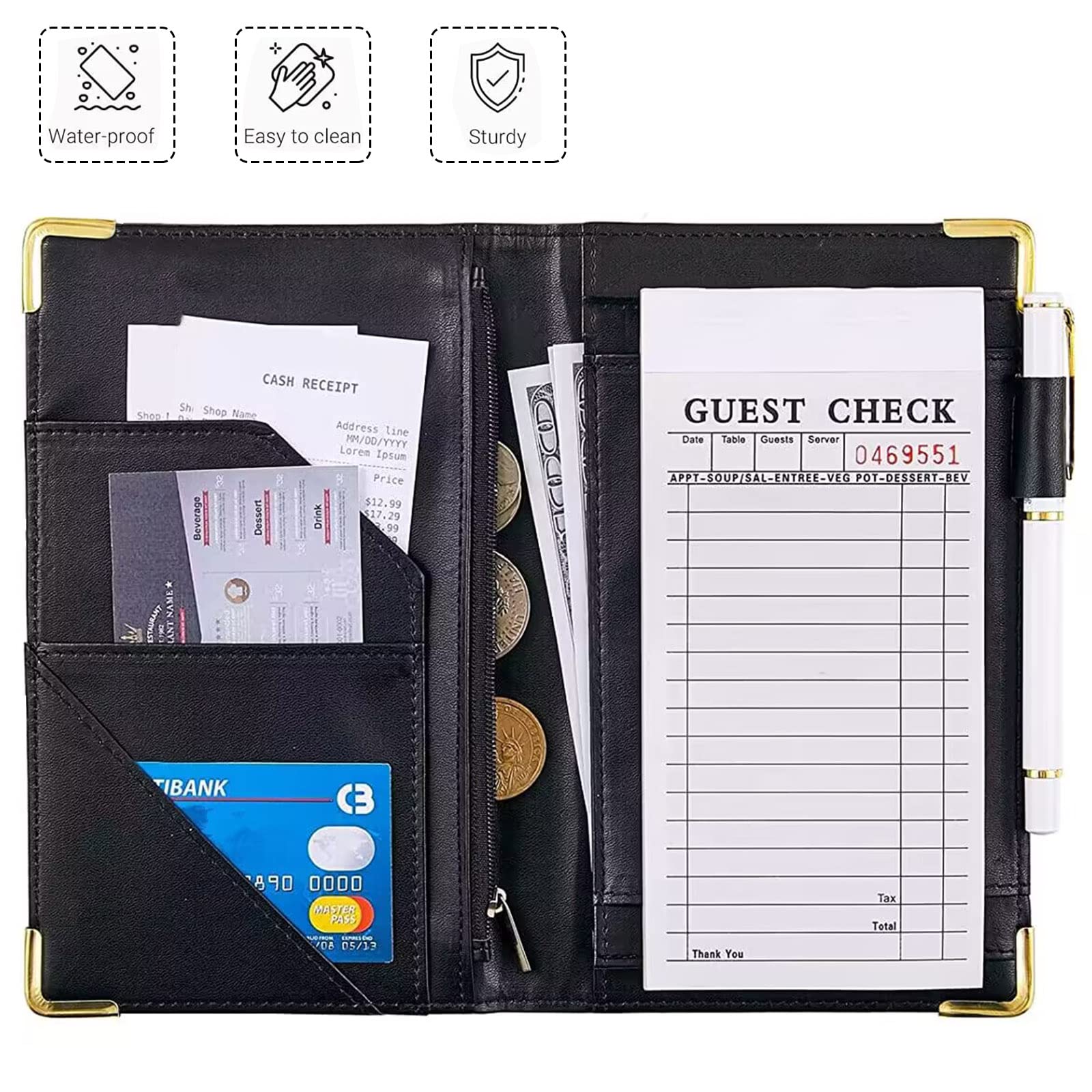 Server Books for Waitress - Halloween Print PU Leather Waiter Book Server Wallet with Zipper Pocket, Skull and Pumpkin Print Waitress Book&Waitstaff Organizer with Money Pocket Fit Server Apron