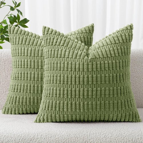 MIULEE Decorative Throw Pillow Covers - Soft Boho Striped Corduroy | Pack of 2, 16x16 Inch, Sage Green