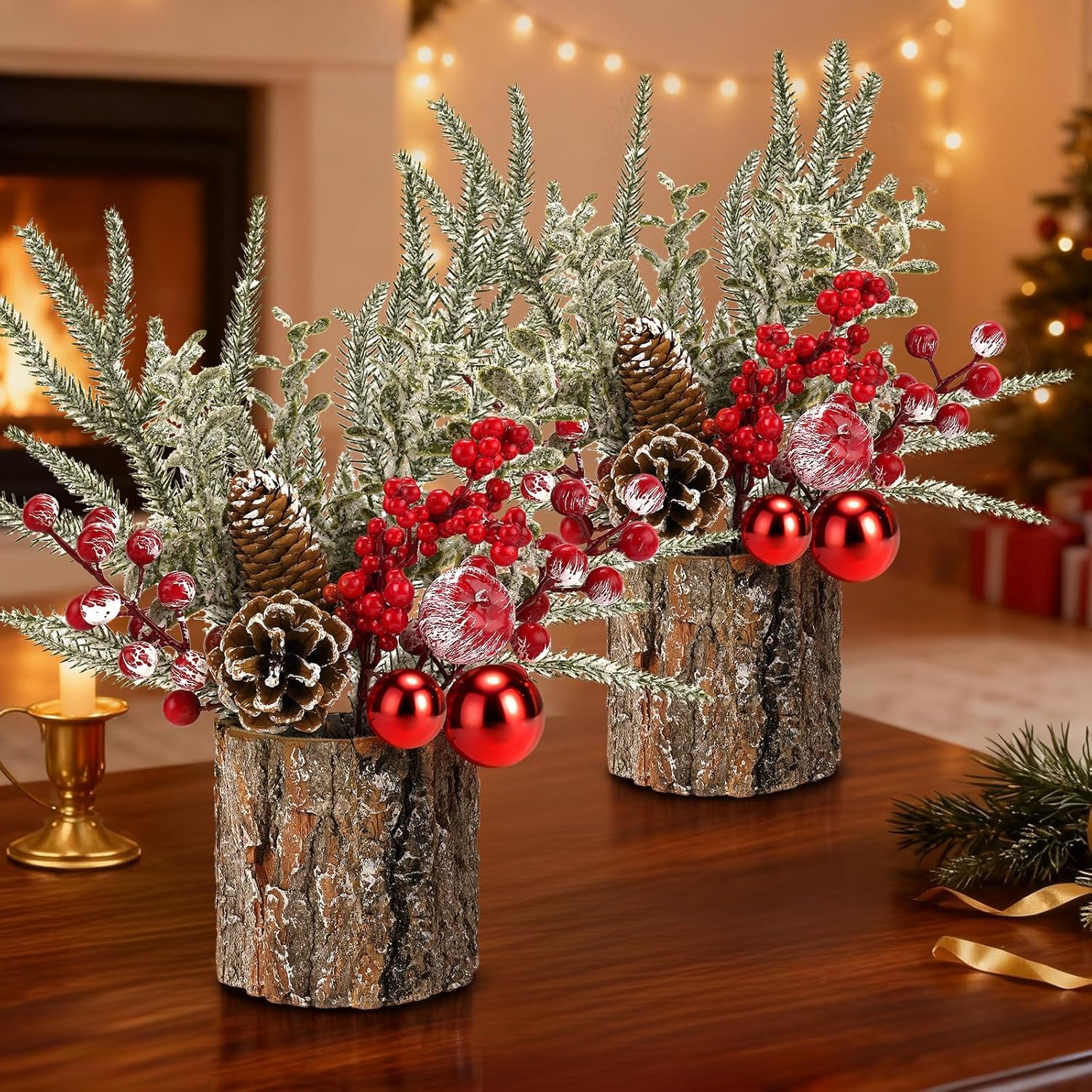 Regine Switzerland Christmas Table Centerpiece - Rustic Pinecones & Red Berries | 2-Piece Holiday Decor Set