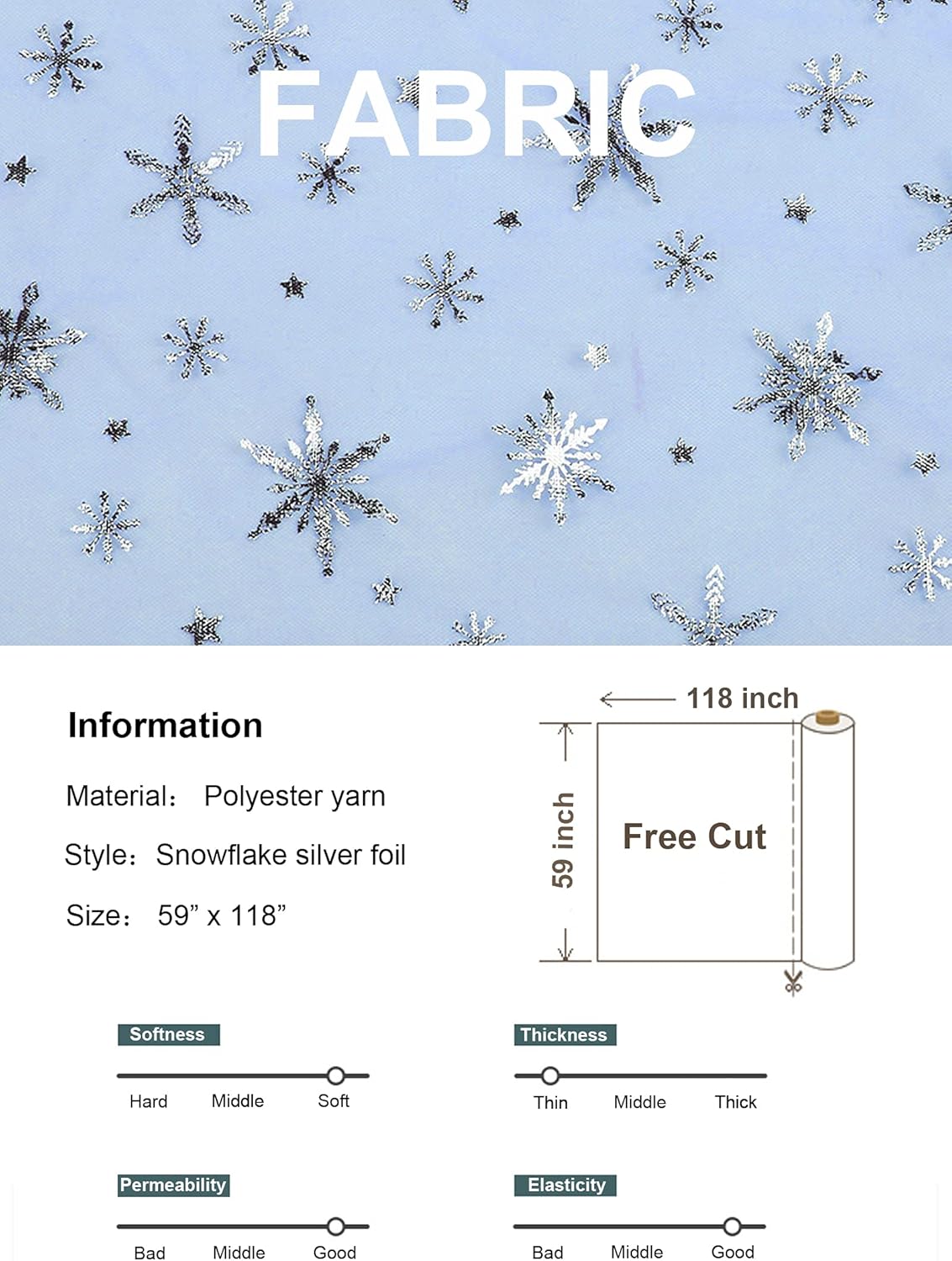 SUJAYU Snowflake Organza Fabric - Sheer Silver Foil Tablecloth & Christmas Tree Skirt (59" x 118", Blue)