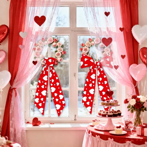 FYSUIMU Valentine's Day Wreath Sash - Red & White Heart Garland for Indoor/Outdoor Decor