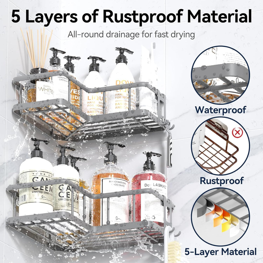 YASONIC Shower Caddy - 3-Pack Rustproof Stainless Steel Corner Shelves with Soap Holder | Grey