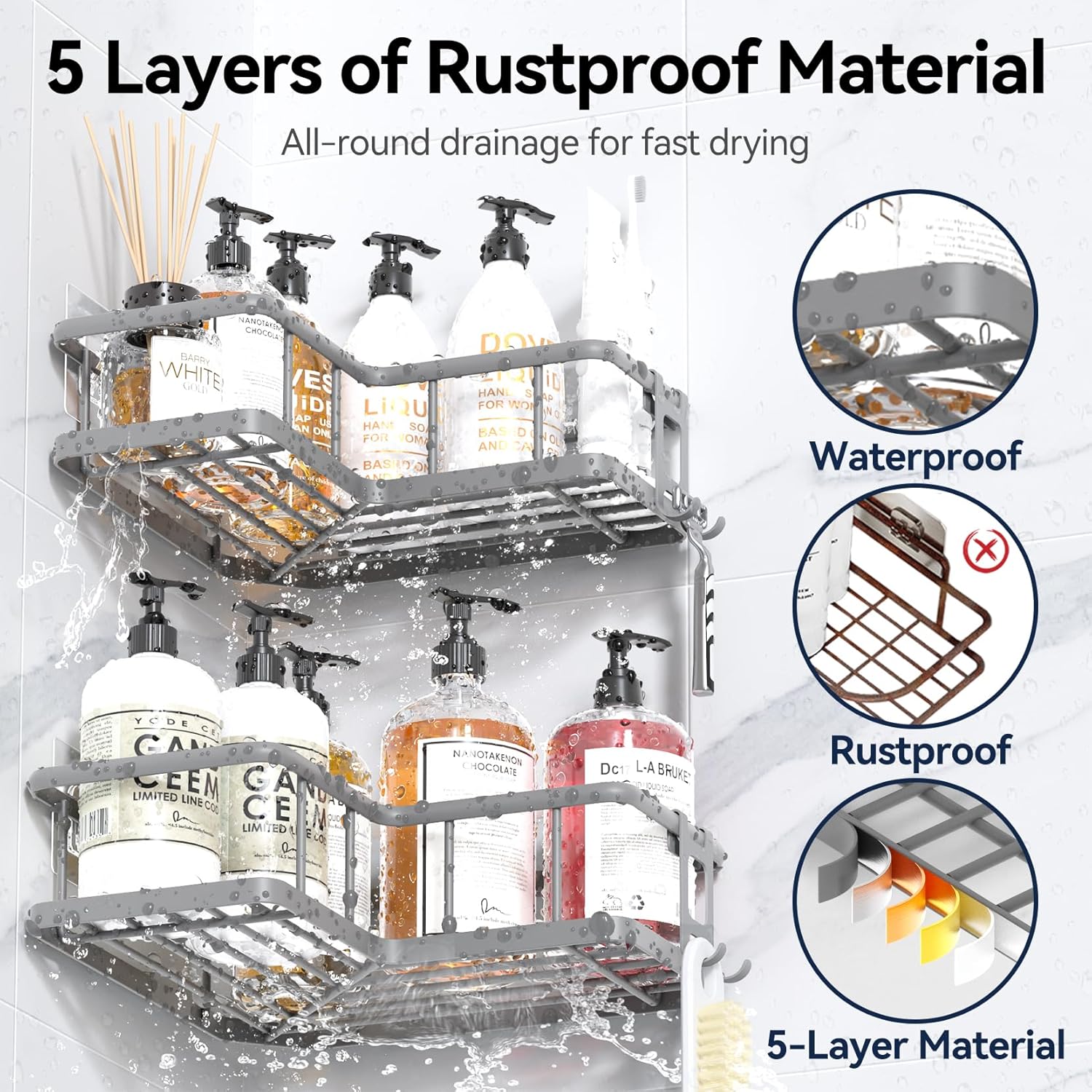 YASONIC Shower Caddy - 3-Pack Rustproof Stainless Steel Corner Shelves with Soap Holder | Grey