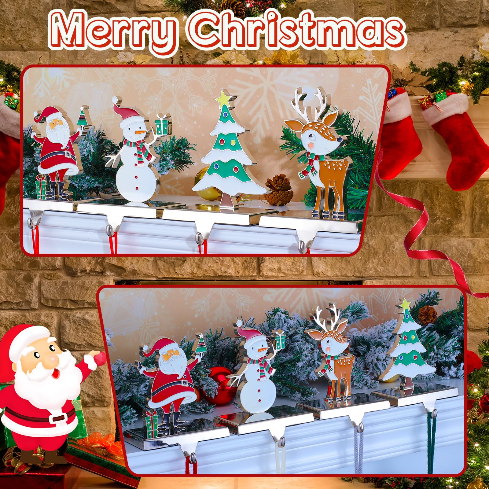 Set of 4 Christmas Stocking Hangers for Mantel，Christmas Tree Reindeer Santa Snowman Stocking Holders for Fireplace-Stocking Hangers for Mantel Xmas Tree Mantel Hooks Hanger (Multi-color 4-Pack)