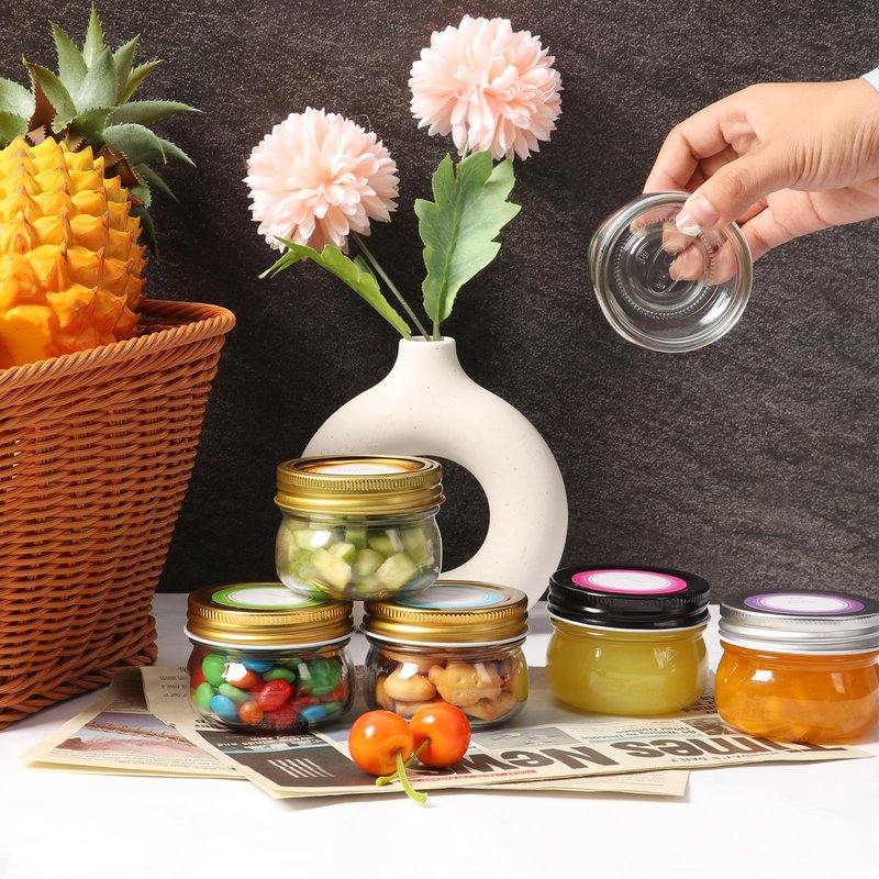 Mcupper 4 oz Mason Jars With Gold Lids and Bands, 24 Pack Regular Mouth Canning Jars for Jam, Honey, Yogurt, Candy, Spices, Snacks, DIY Projects, Wedding Favors- Includes 30 Stickers
