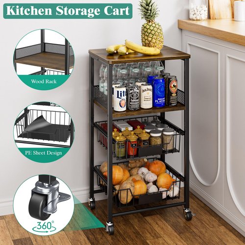Giwil Vegetable Fruit Basket for Kitchen Pantry Organizers Storage, 4-Tier Utility Rolling Cart on Wheels with Wood Rack and Drawer Wire Baskets for Onions Potatoes Snacks, Black
