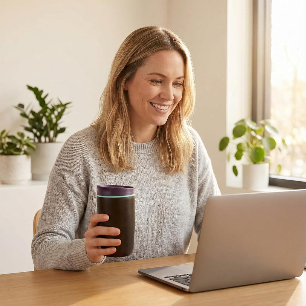 Skiennix Insulated Coffee Tumbler - 12 Oz Travel Mug for Hot & Iced Beverages | Black with Brown Lid