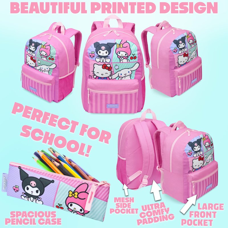 Hello Kitty Sanrio Backpack Set for Girls 4 Pcs Water Bottle Lunch Bag Pencil Case School Supplies Cinnamoroll Kuromi My Melody Gifts for Girls