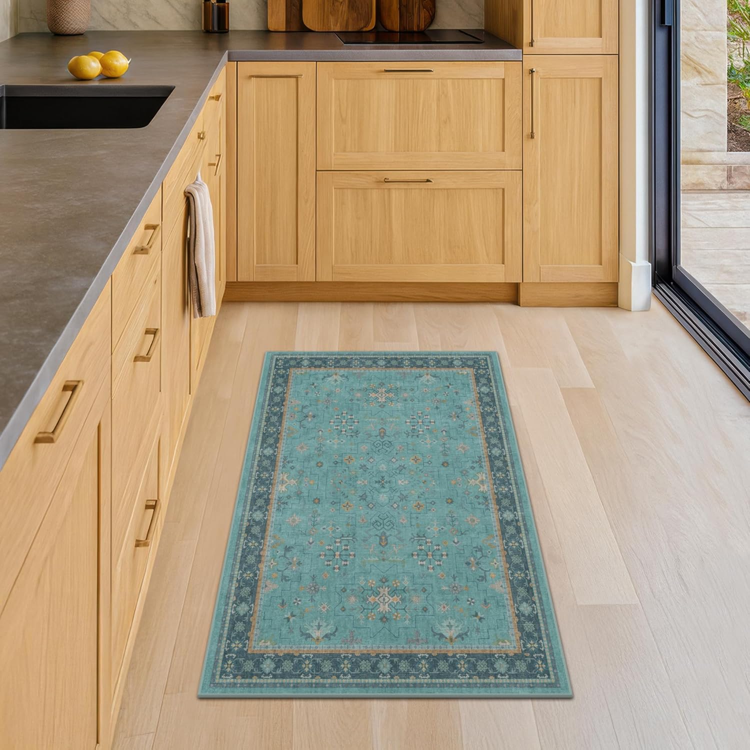 Skiennix Washable Teal Rug - Non-Slip, Stain & Fade Resistant | Perfect for Entryway, Kitchen & Bathroom