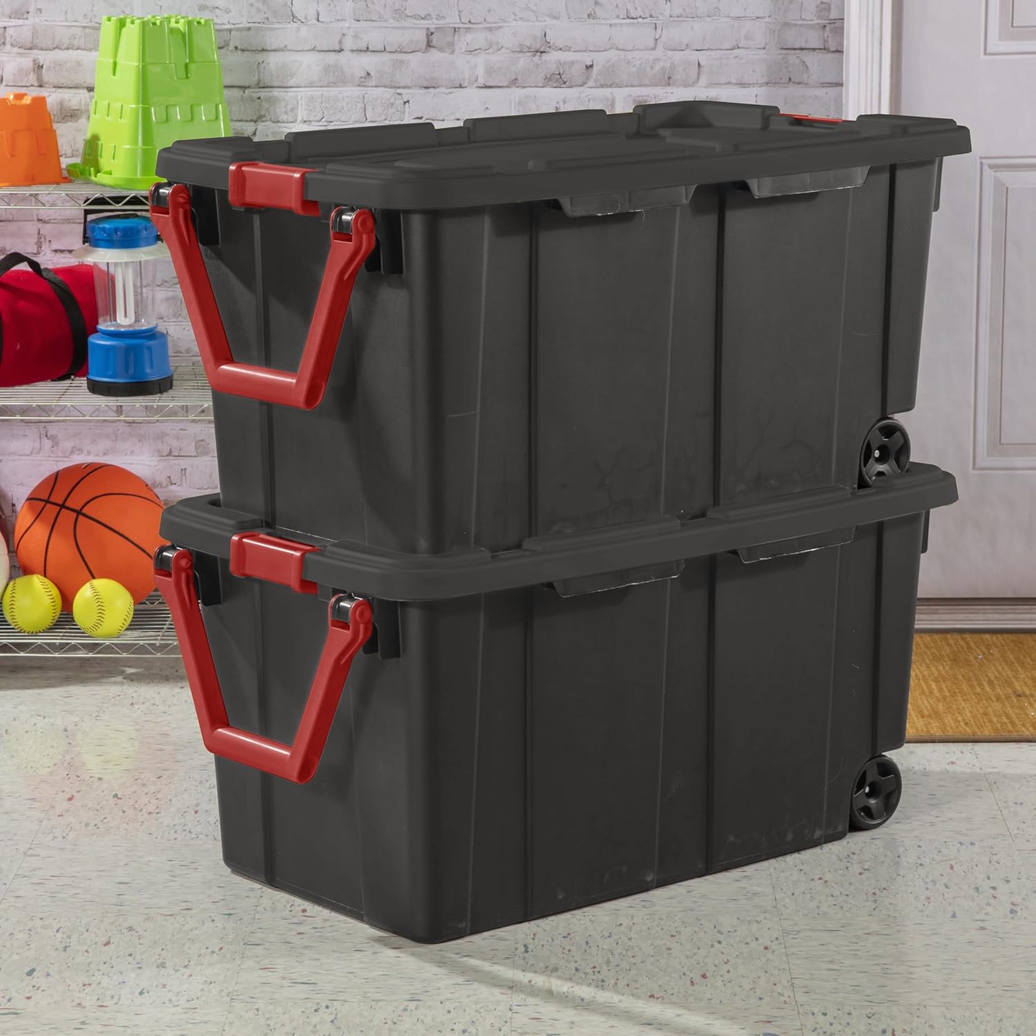 YHNNH Industrial Storage Tote - Heavy Duty 40 Gallon Container with Wheels | Black, Set of 2, 36.75x21.38x18 Inch