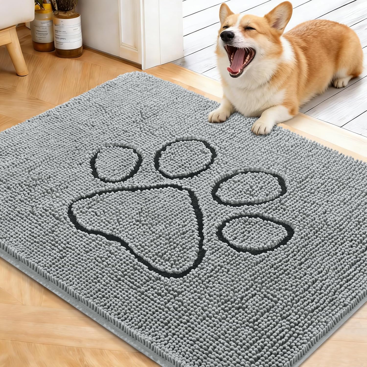 OLANLY Dog Door Mat - Absorbent Non-Slip Mud Mat for Paws | Quick Dry Chenille, 40x32, Grey