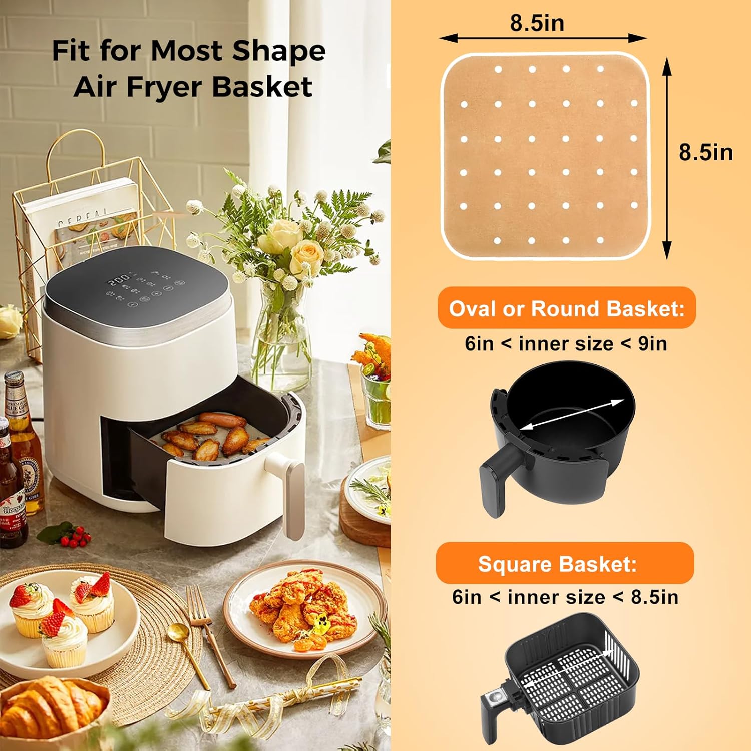 Vailnd Air Fryer Liners - 200 Pcs Unbleached Perforated Parchment Paper Sheets | 8.5 In for 5-8 Qt Air Fryers