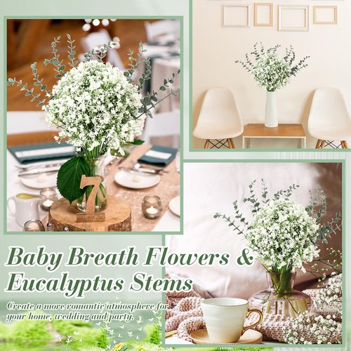 Retrowavy 250 Pcs Babys Breath Artificial Flowers Bulk Babys Breath Flowers Gypsophila Bouquets with Faux Eucalyptus Stems Leaves for Wedding Bouquet Party Filler Home Decor
