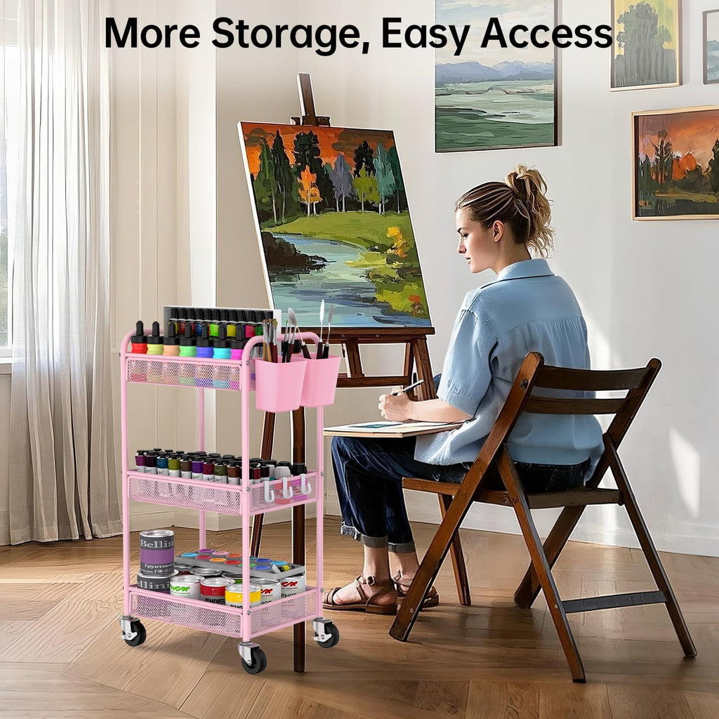 YASONIC 3-Tier Rolling Cart - Metal Utility Storage with Wheels & Hooks | Pink Craft Organizer