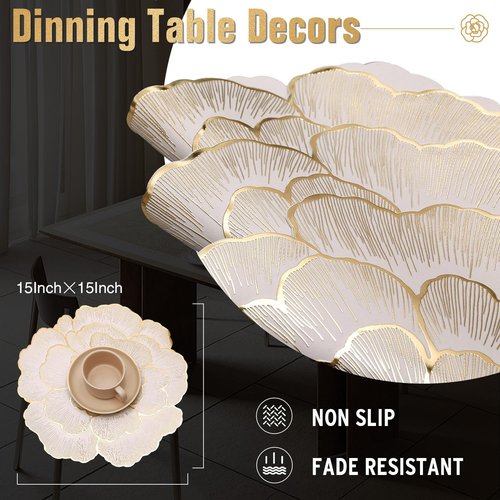 FAVE Golden Placemats Set of 8 Gold Floral Round Placemats, Reusable Vinyl Table Mats for Wedding Banquet Party, Metallic Shiny Placemats for Restaurant & Birthday Decor (Golden Peony, 8PCS)