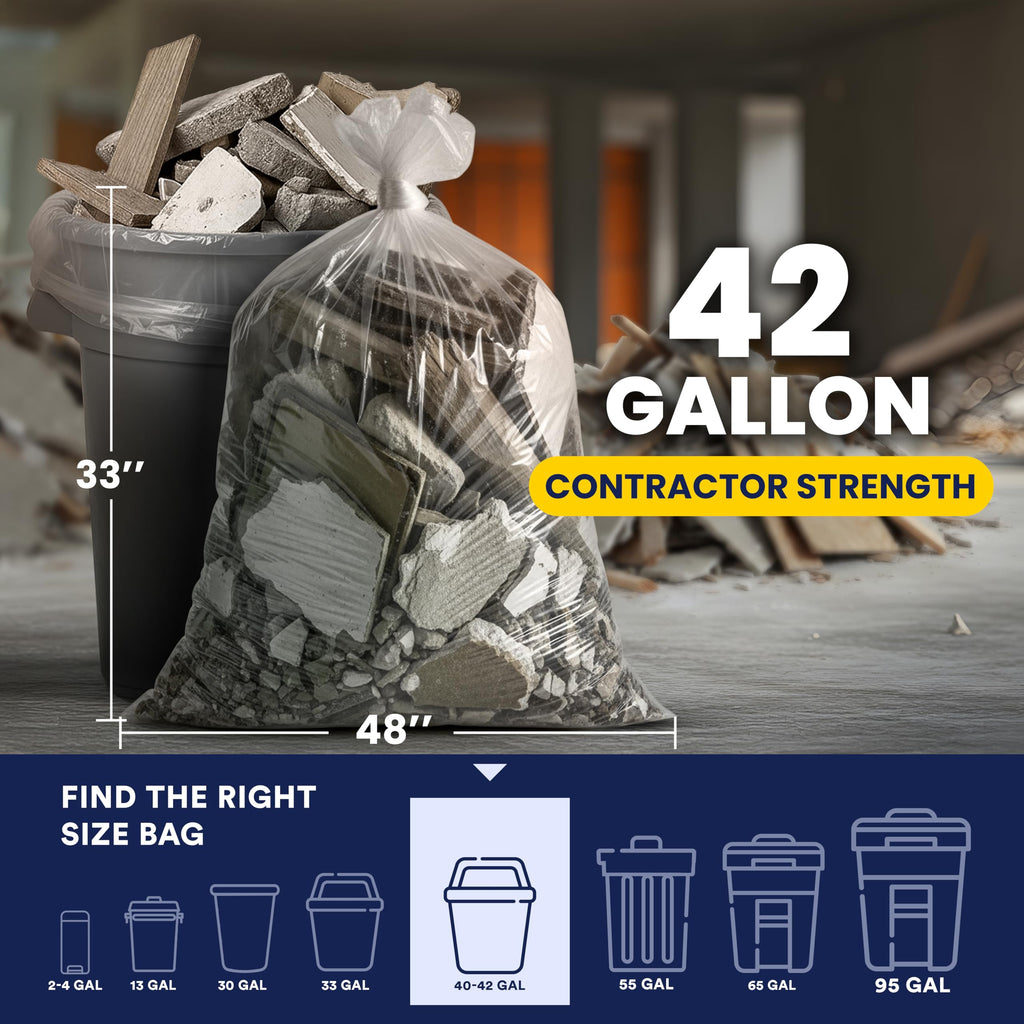 Plasticplace 42 Gallon Contractor Trash Bags │ 4.0 Mil │Clear Heavy Duty Garbage Bags │ 33" x 48" (50 Case)