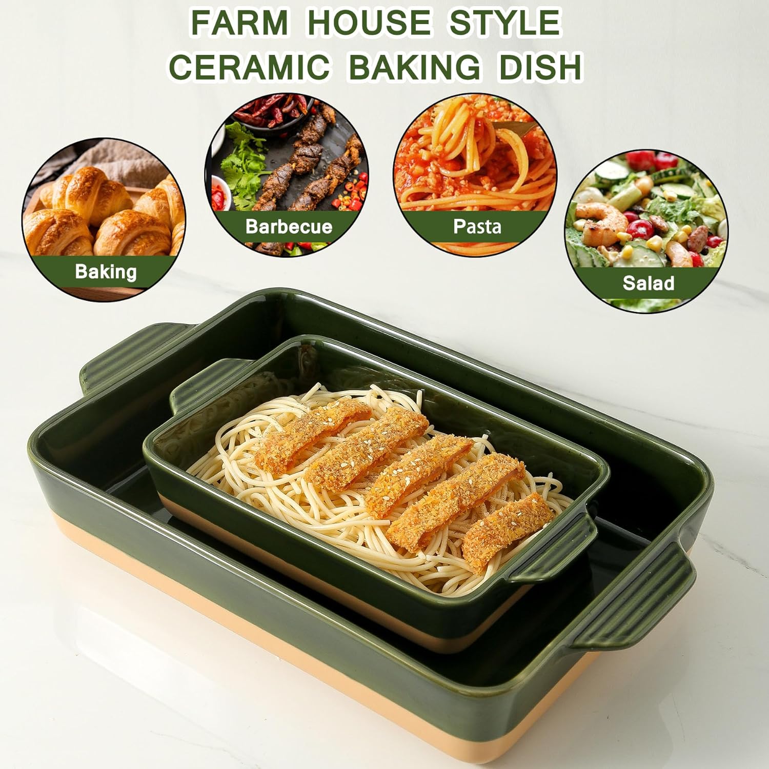 Regine Switzerland Ceramic Baking Casserole Dish - Large 9x13 Inch Porcelain Bakeware Set in Forest Green