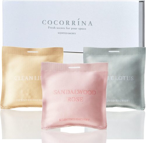 COCORRÍNA Scented Sachet Set - 3-Pack Sandalwood Rose, Clean Linen, White Lotus | Car Air Freshener Gift Set