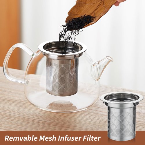 DOPUDO 34OZ/1000ml Glass Teapot with Stainless Steel Infuser, Drip-Free Spout, and Wooden Knob Lid – Stovetop Safe Borosilicate Tea Kettle for Loose Leaf and Herbal Tea Brewing