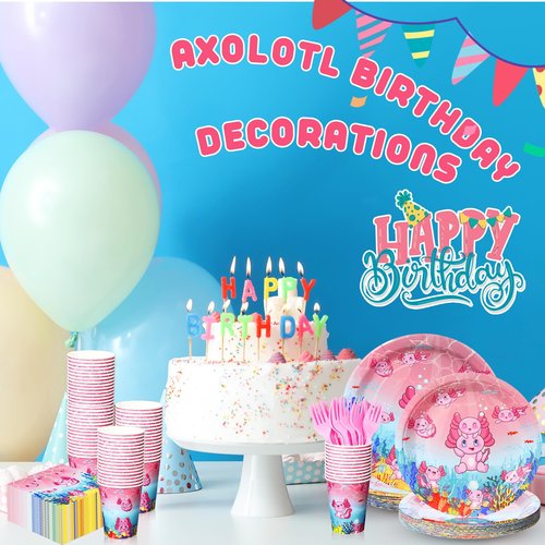Yiyiring 180 Pcs Pink Cartoon Axolotl Plates Napkins Cups Forks Party Supplies Pink Reptile Animals Disposable Tableware Set Axolotl Birthday Decorations for Girls Animal Cartoon Party Serves 30