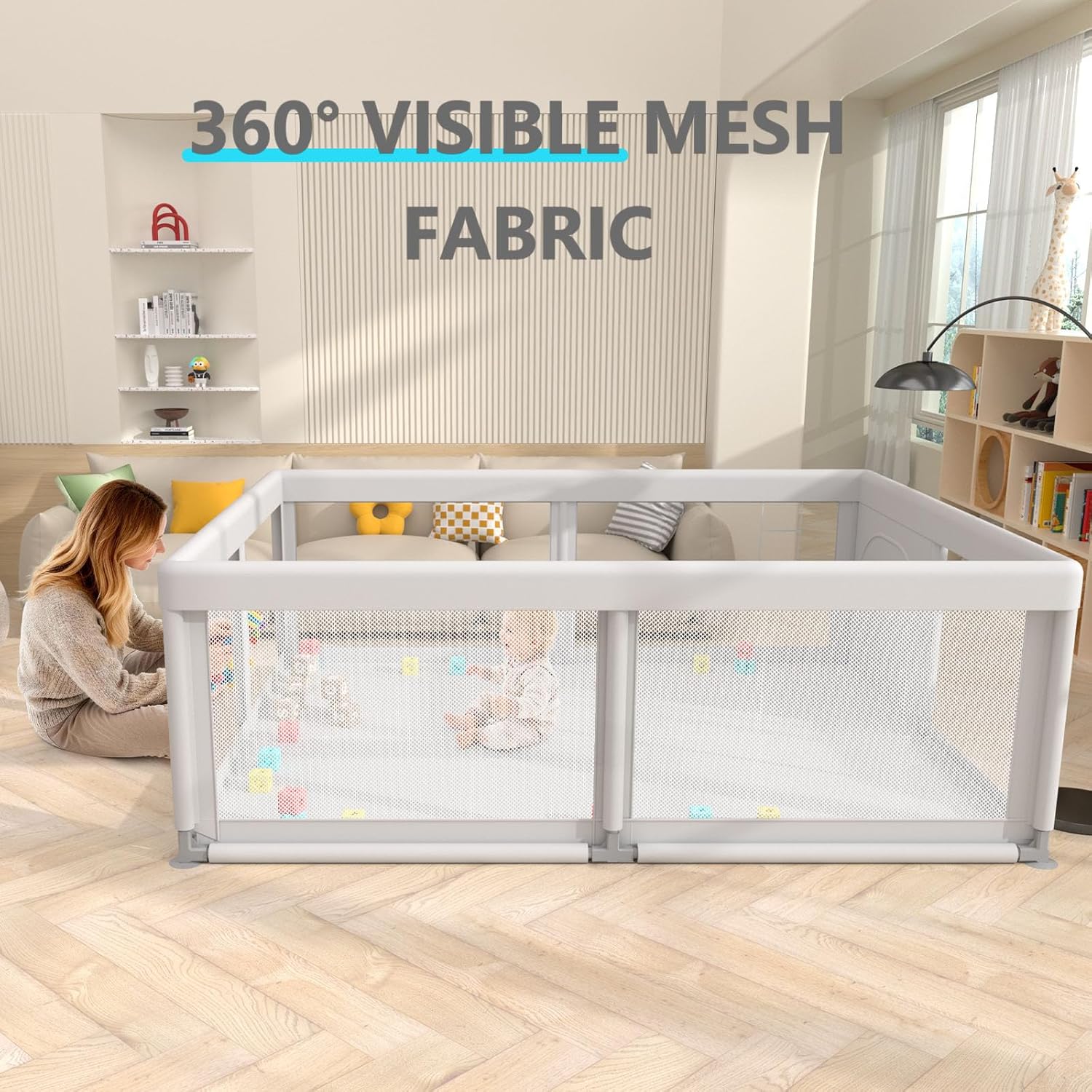 Skiennix Baby Playpen - Breathable Mesh Play Yard for Indoor & Outdoor Use - Grey Color