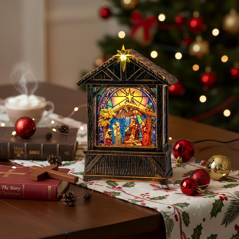 Nativity with Star Musical Lighted Water Creche with Swirling Glitter, Christmas Snow Globe Nativity Manger for Xmas with Music, Holiday Decorations Gifts for Family, Children or Friends