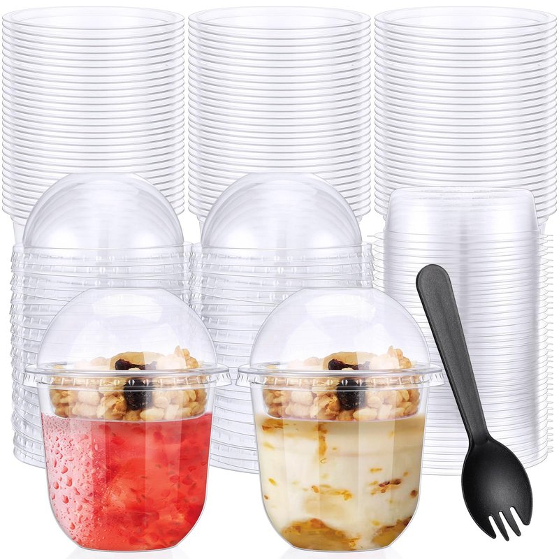 Gandeer 60 Pack Clear Plastic Parfait Cups with Dome Lids No Hole Disposable Party Dessert Cups with Lids Insert Spork Round Fruit Containers with Lid for Yogurt Fruit Cereal Ice Cream (12 oz)