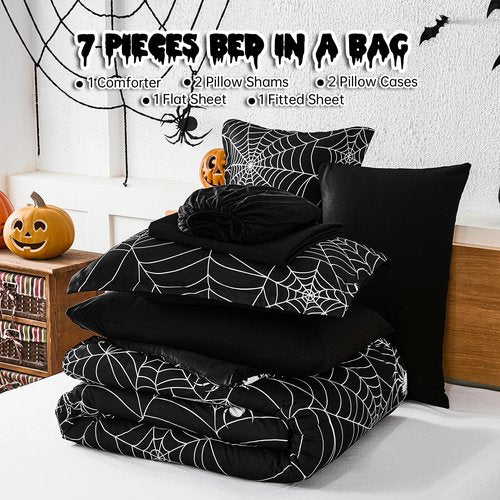 Luxudecor Halloween Comforter Set Queen Size 7 Pieces Bed in a Bag, Spider Cobweb Pattern Print on Black Bed Set, Black Halloween Themes Comforter with Sheet Set 90"x90"