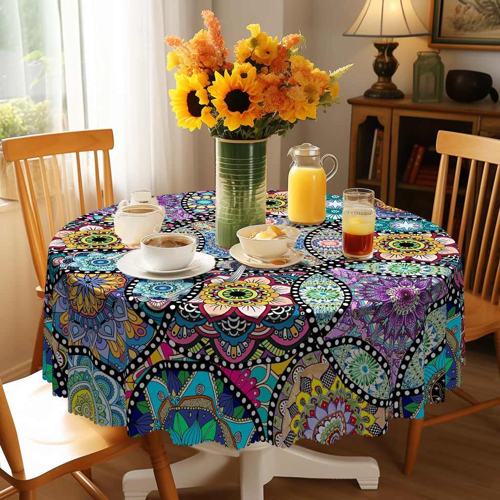 Eikione Boho Round Tablecloth 70 Inch Bohemia Table Cloth, Tablecloth Polyester Waterproof Stain Wrinkle Free, Indoor and Outdoor Round Table Cover